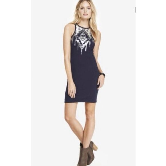 Express Women Navy Blue Aztec Sequin Bodycon Dress Size L - Picture 1 of 9